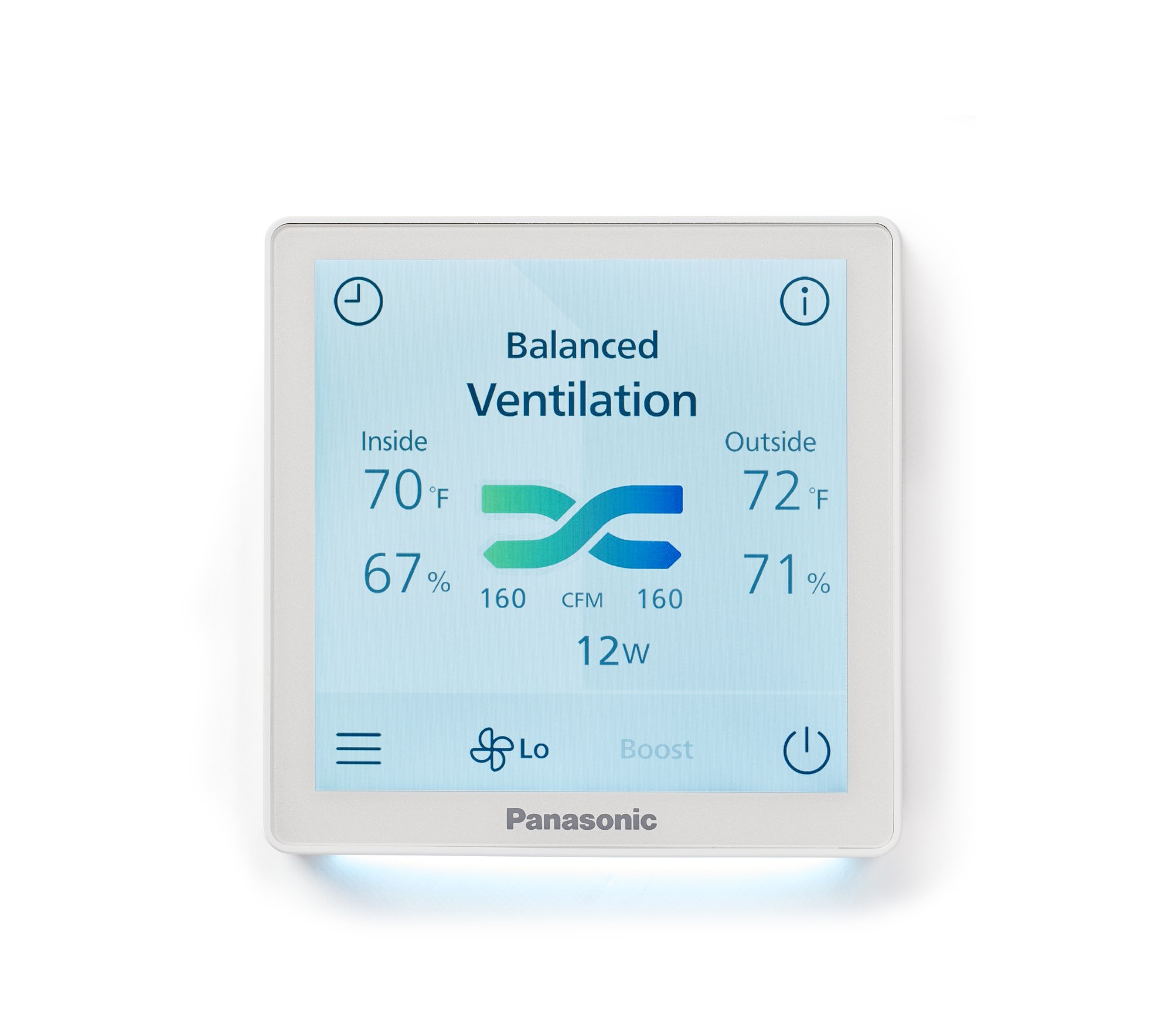 Smart controller screen showing Balanced Ventilation mode with 70°F inside, 72°F outside, 67% and 71% humidity, 160 CFM airflow, and 12 watts of power usage.