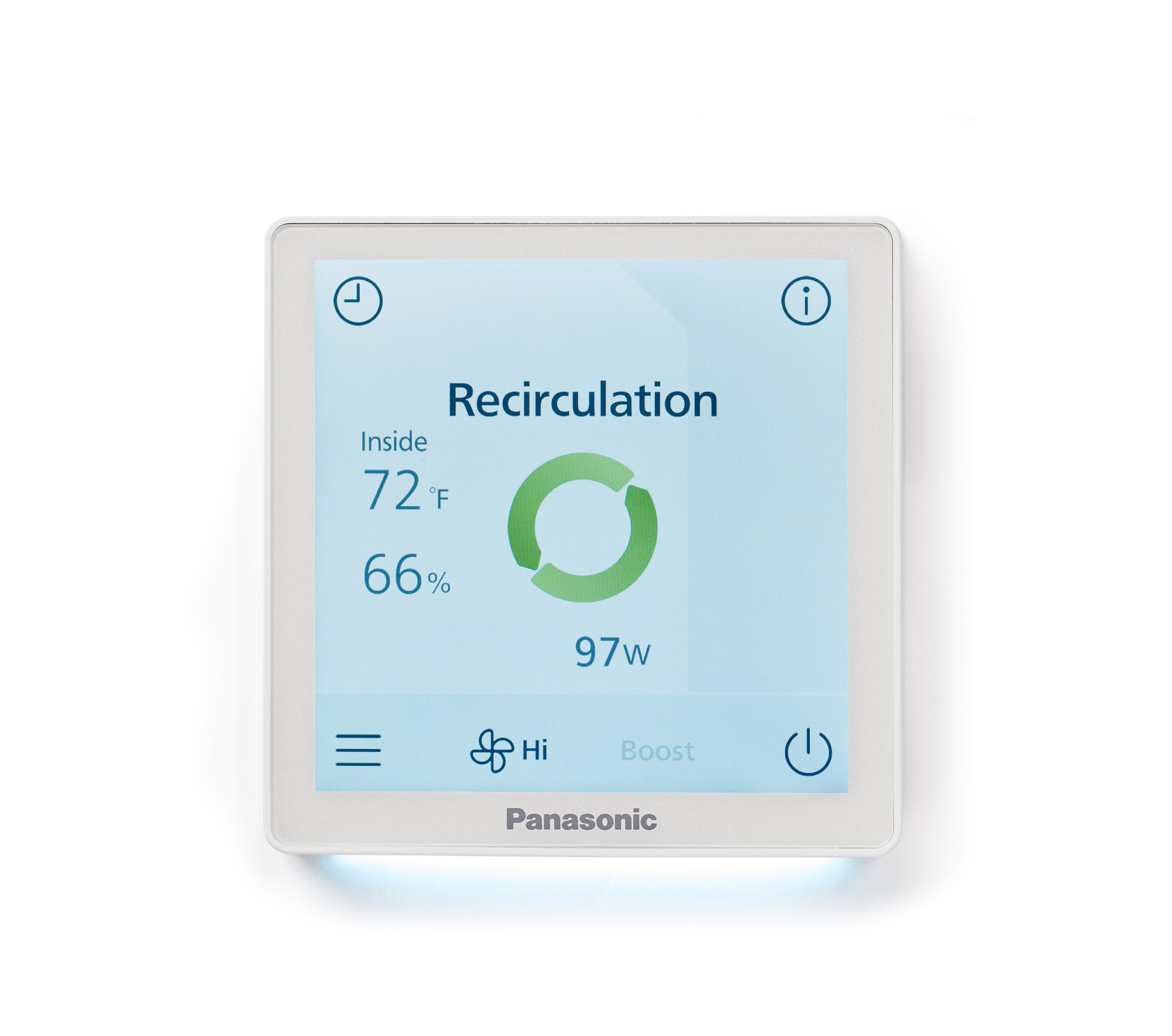 Smart controller screen showing Recirculation mode with 72°F inside, 66% humidity, and 97 watts of power usage.