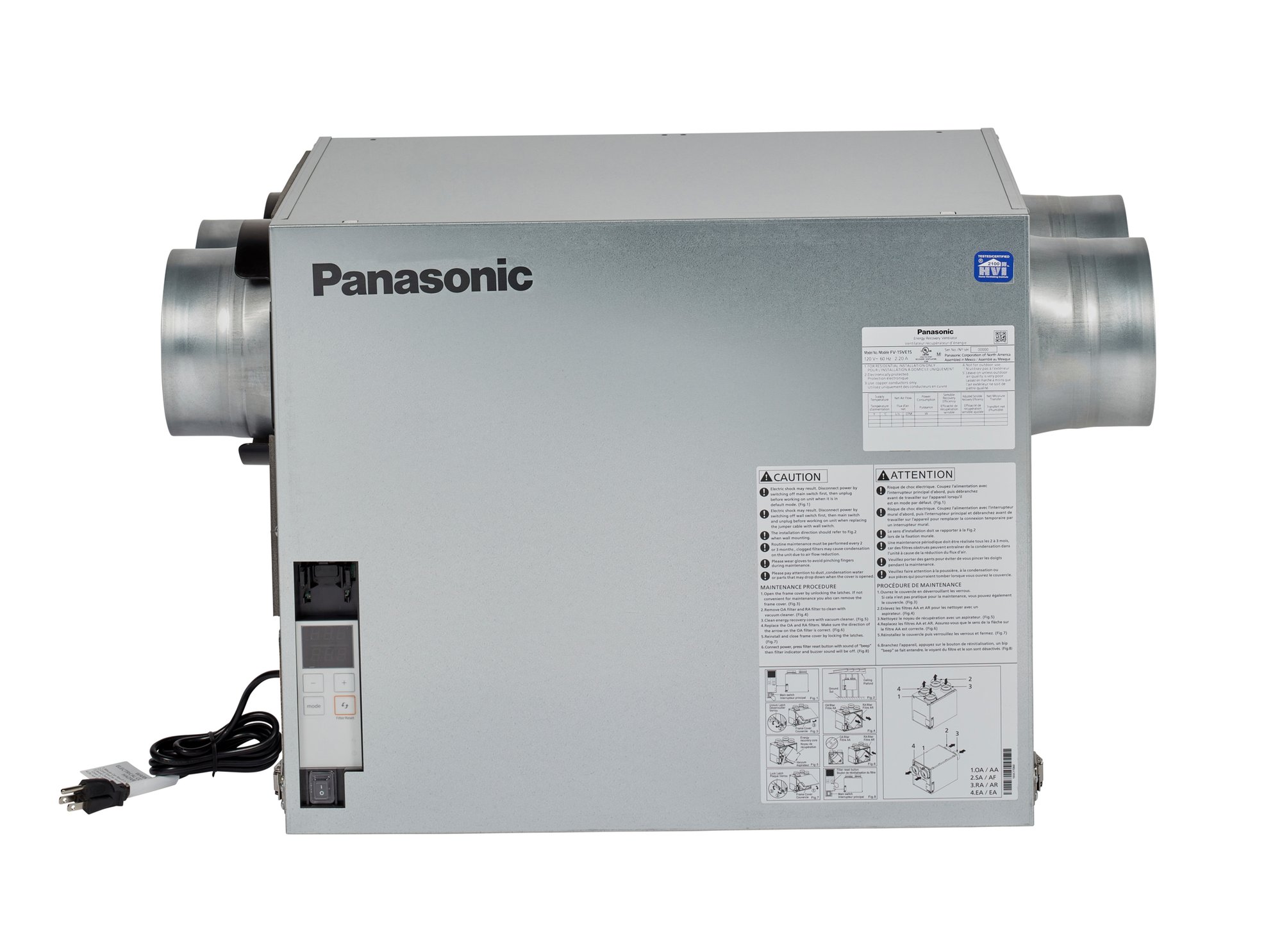Side view of Panasonic BalancedHome ERV with four side ports, visible labels, and power cord, showcasing side port configuration.
