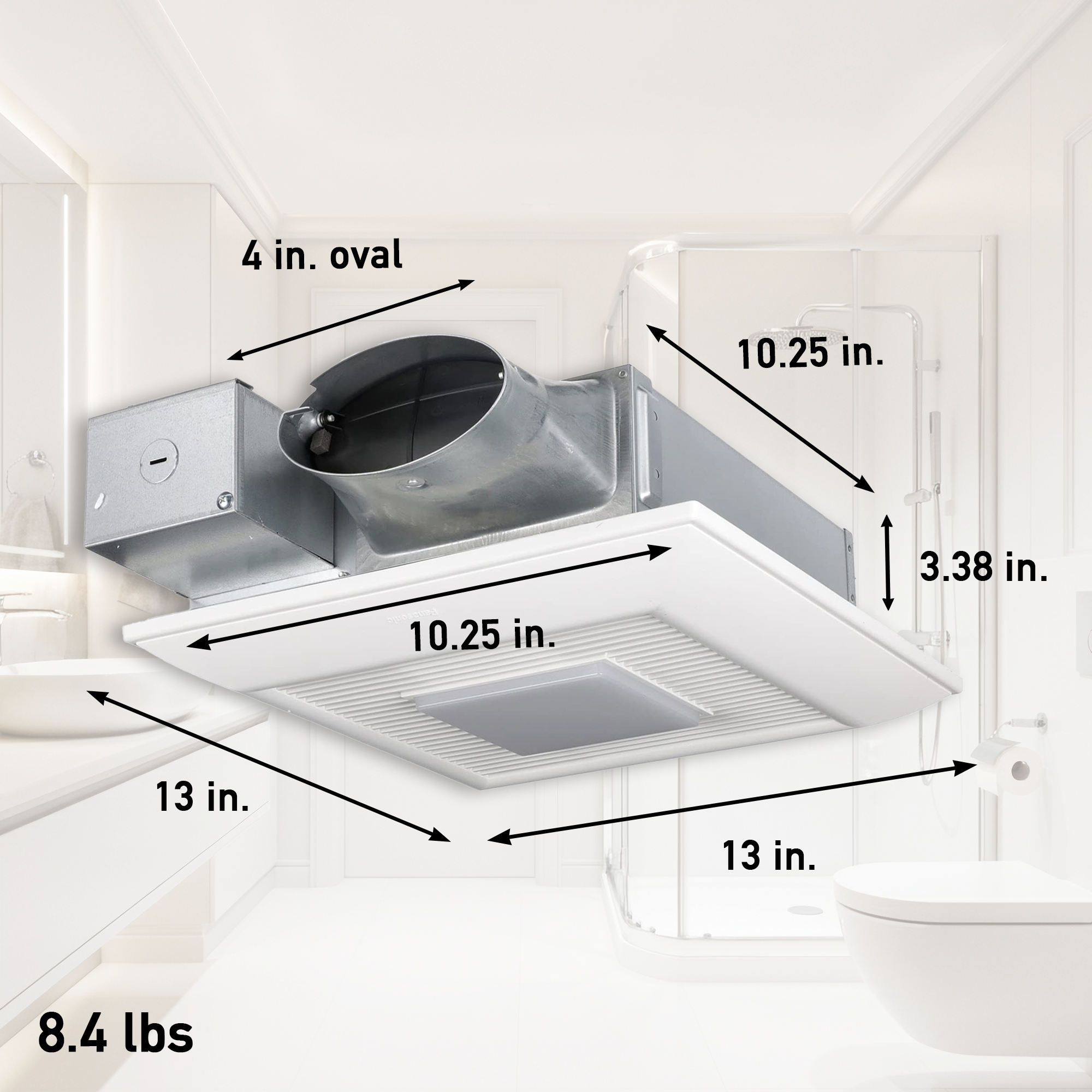Bathroom exhaust fan installed in ceiling showing labeled dimensions and duct opening size