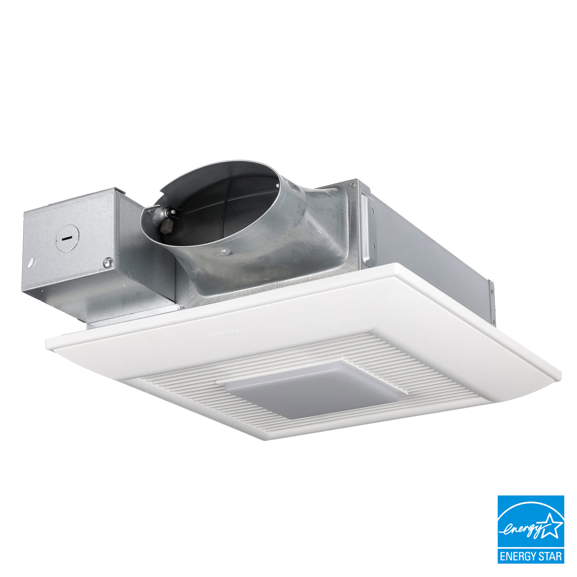 Ceiling-mounted bathroom exhaust fan with integrated LED light and metal housing