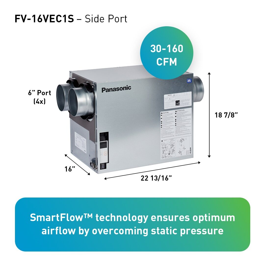 Panasonic FV-16VEC1S ERV Elite Plus Model with side ports, 30–160 CFM airflow, featuring SmartFlow™ technology