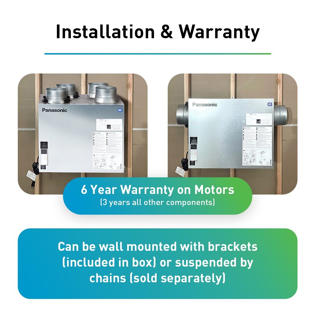 Side-by-side images of ERV units installed on a wall with text highlighting a 6-year motor warranty and flexible mounting options.