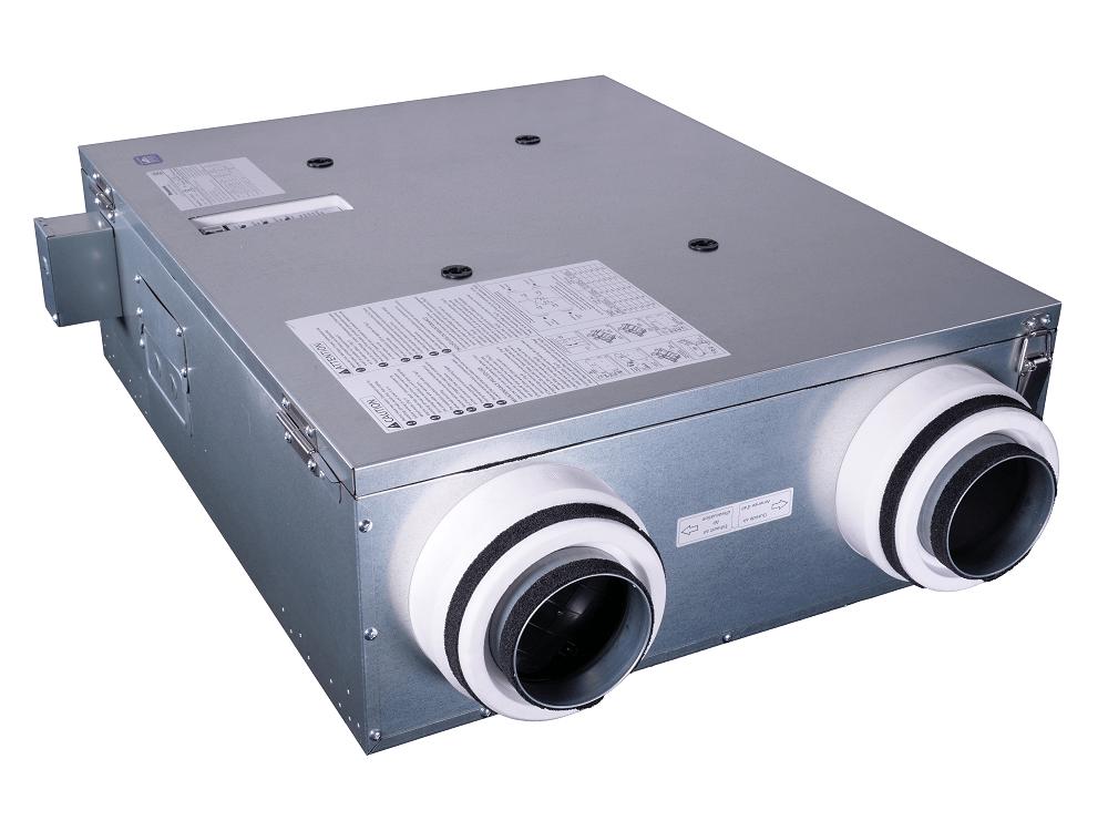 Intelli-Balance 100 ERV FV-10VE2H, left-side view with dual duct ports for balanced ventilation in temperate climates.