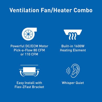 WhisperCozy Product Features - Powerful DC/ECM motor, pick-a-flow 80 CFM or 110 CFM, built-in 1600W heading element, easy install with Flex-ZFast bracket, and whisper quiet