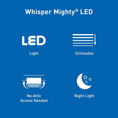 WhisperMighty LED Product Features - Dimmable LED light, no attic access needed, and night light functionality