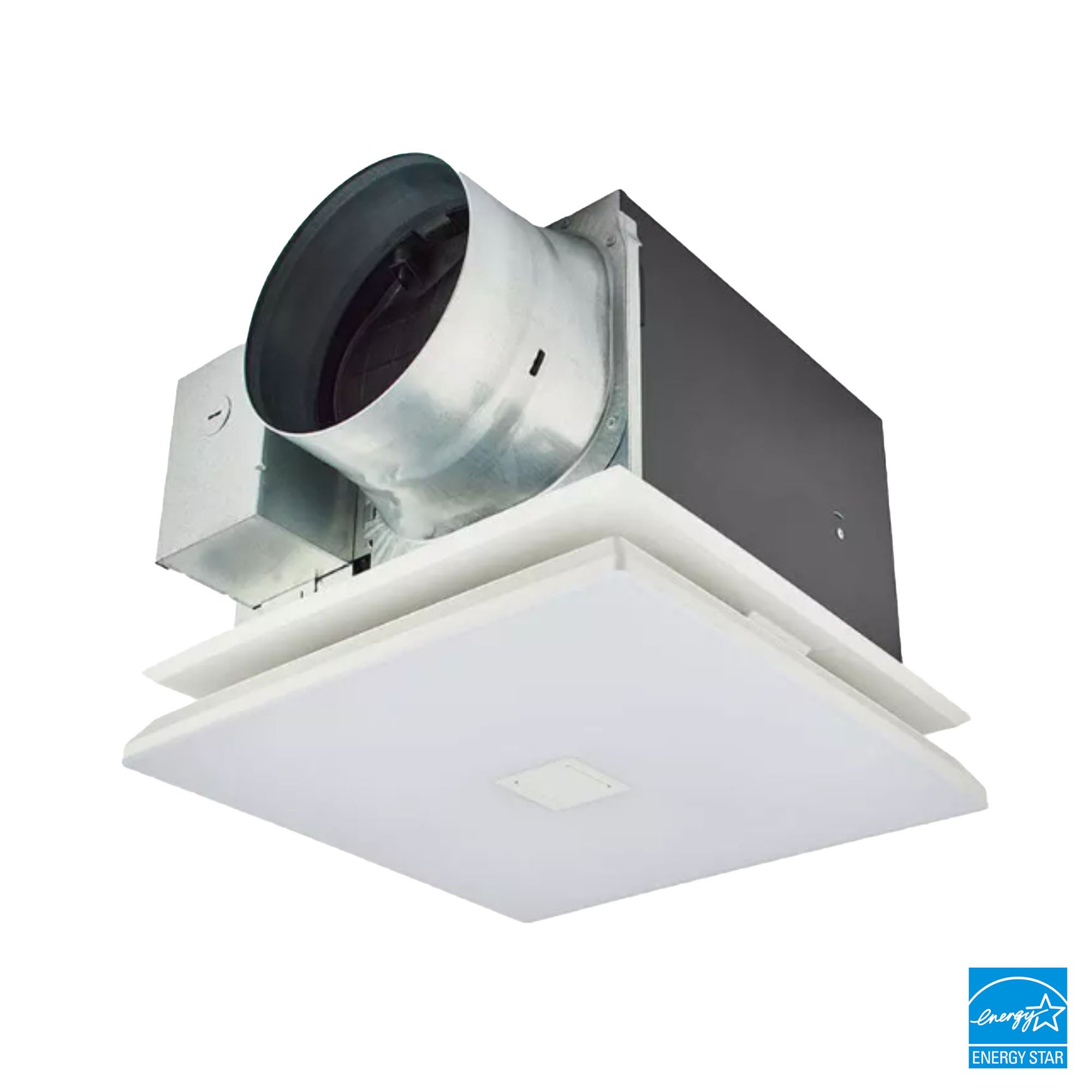 Ceiling-mounted bathroom exhaust fan housing with metal duct collar and white square grille.