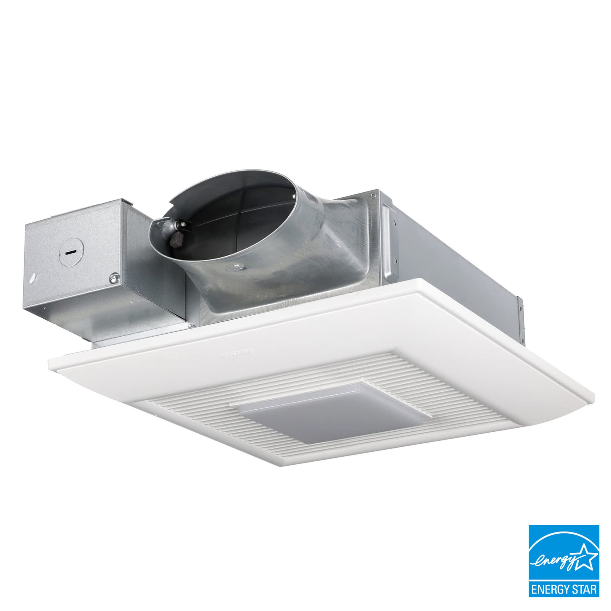 Ceiling-mounted bathroom exhaust fan with integrated LED light and metal housing on white background