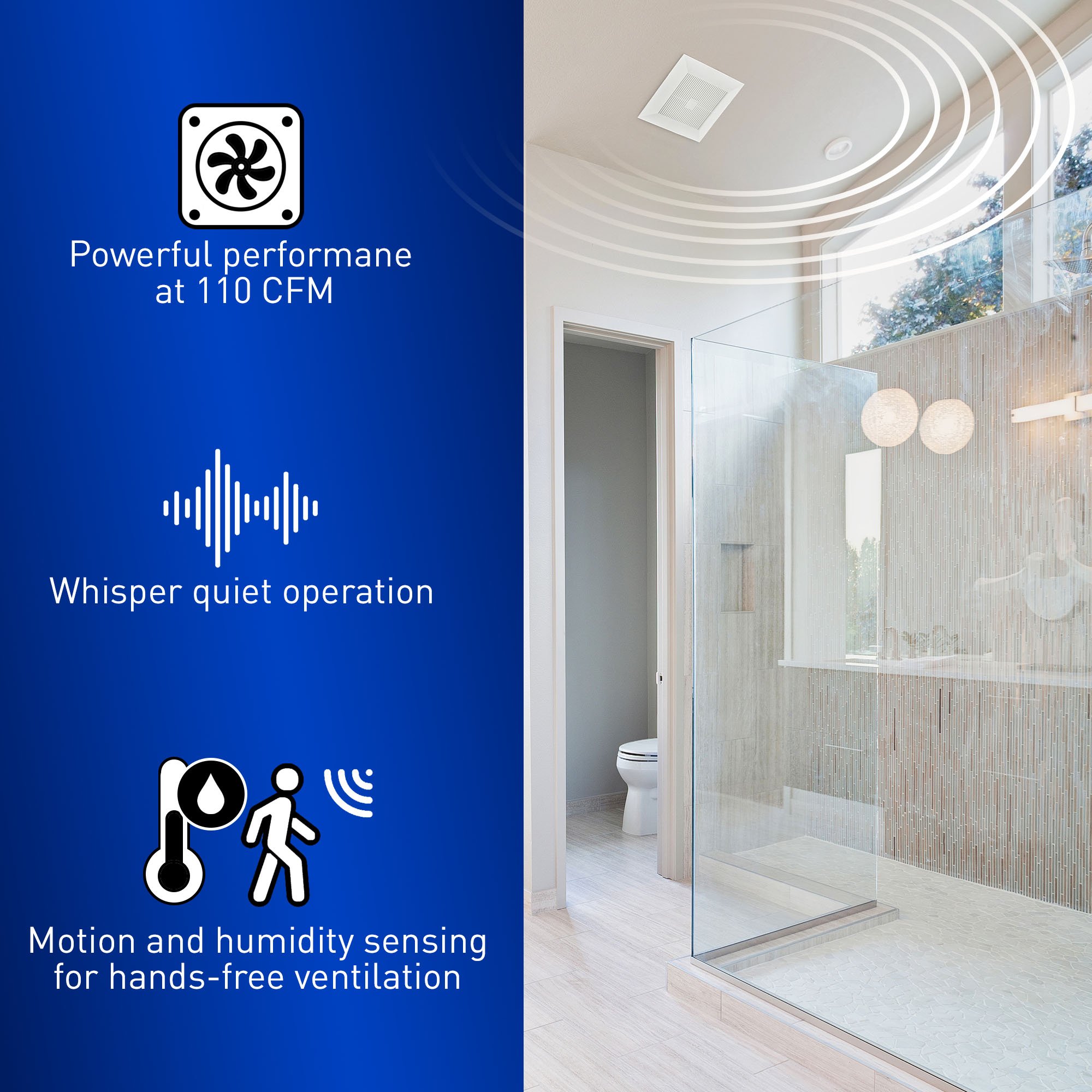 Bathroom interior next to Panasonic fan feature icons highlighting quiet operation and improved indoor air quality