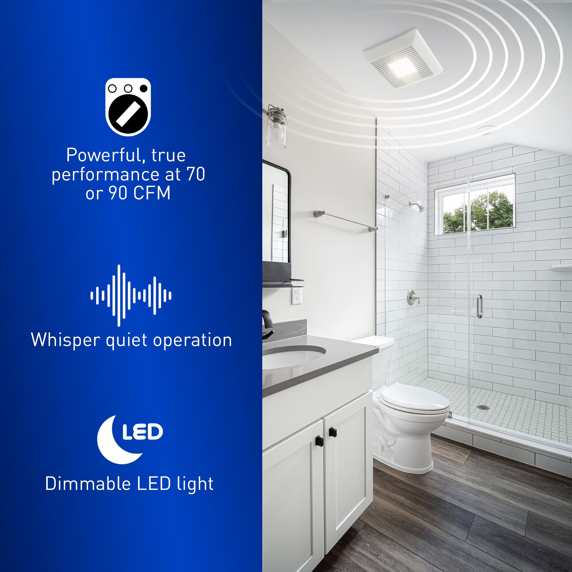 Bathroom exhaust fan installed in a bright bathroom highlighting powerful airflow, whisper-quiet operation, and dimmable LED light.