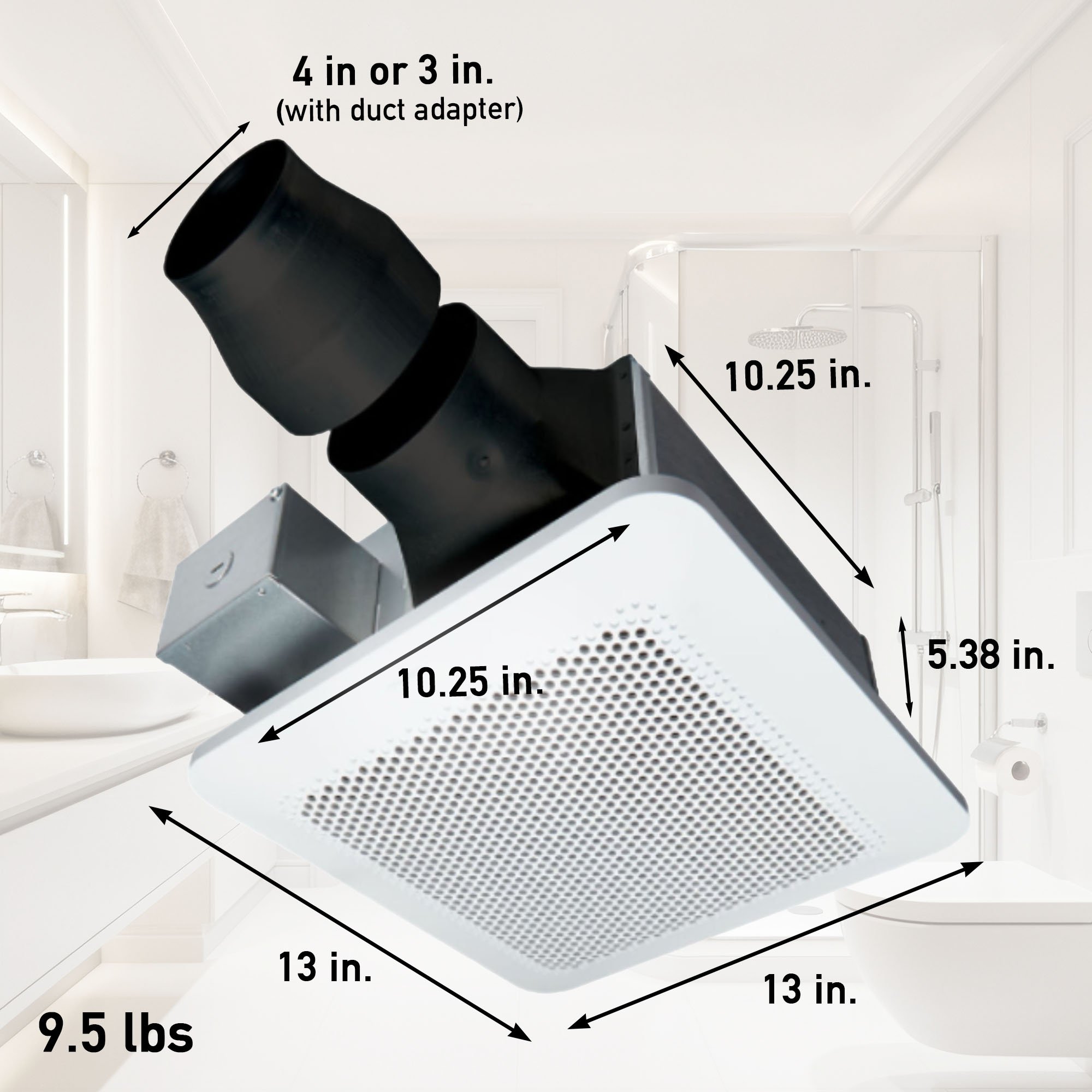 Bathroom exhaust fan with labeled dimensions