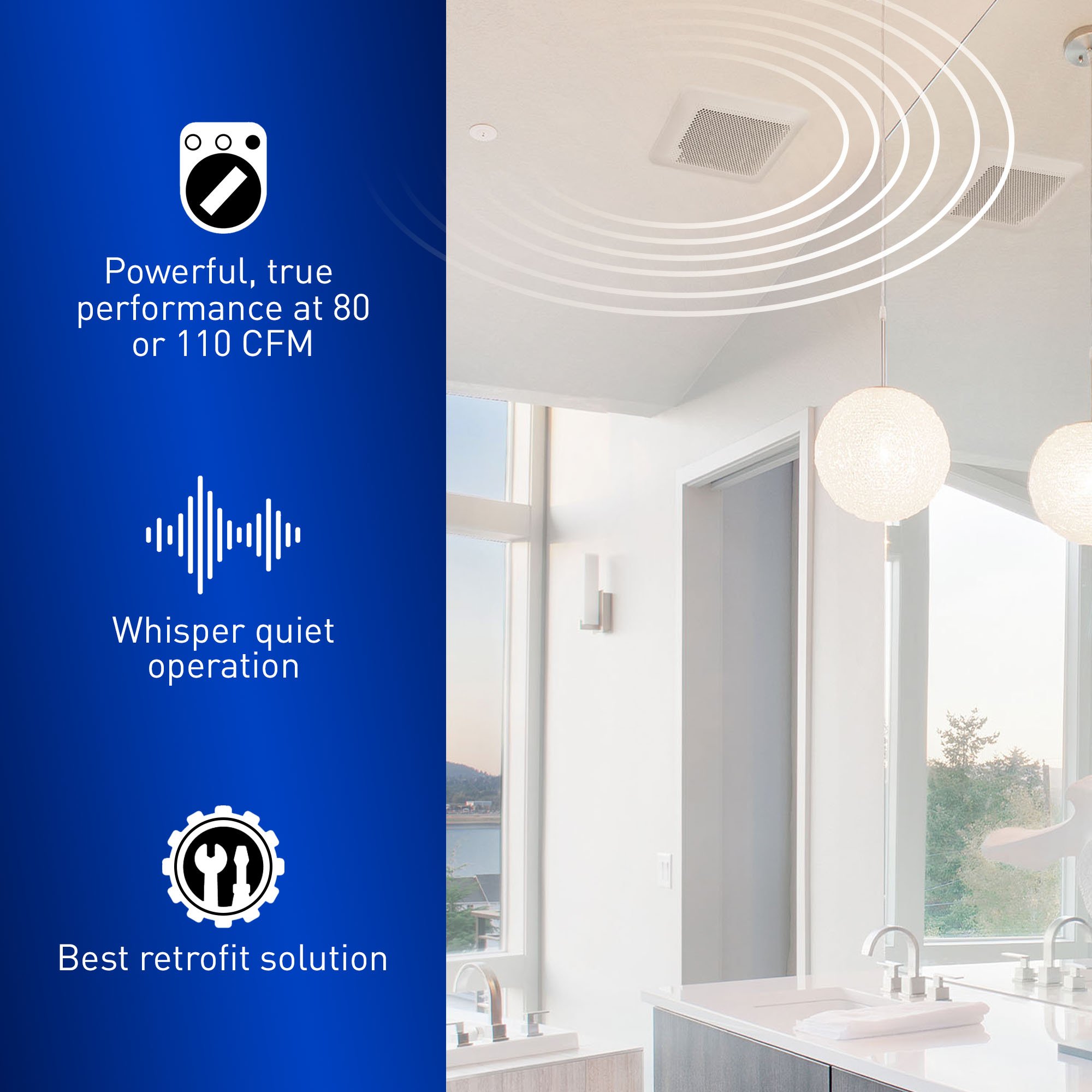 Bathroom exhaust fan installed showing airflow and quiet operation