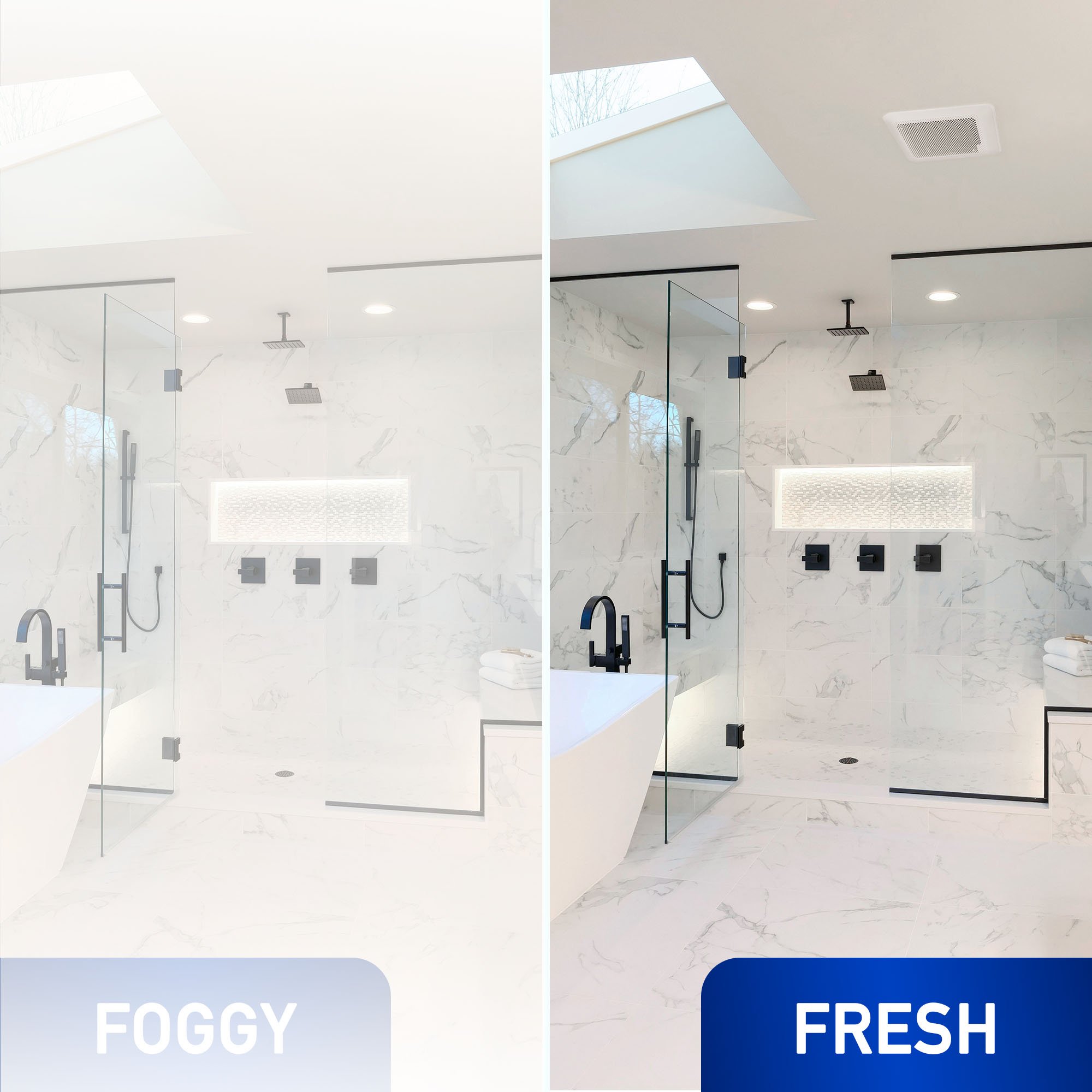 Bathroom mirror comparison showing foggy versus clear