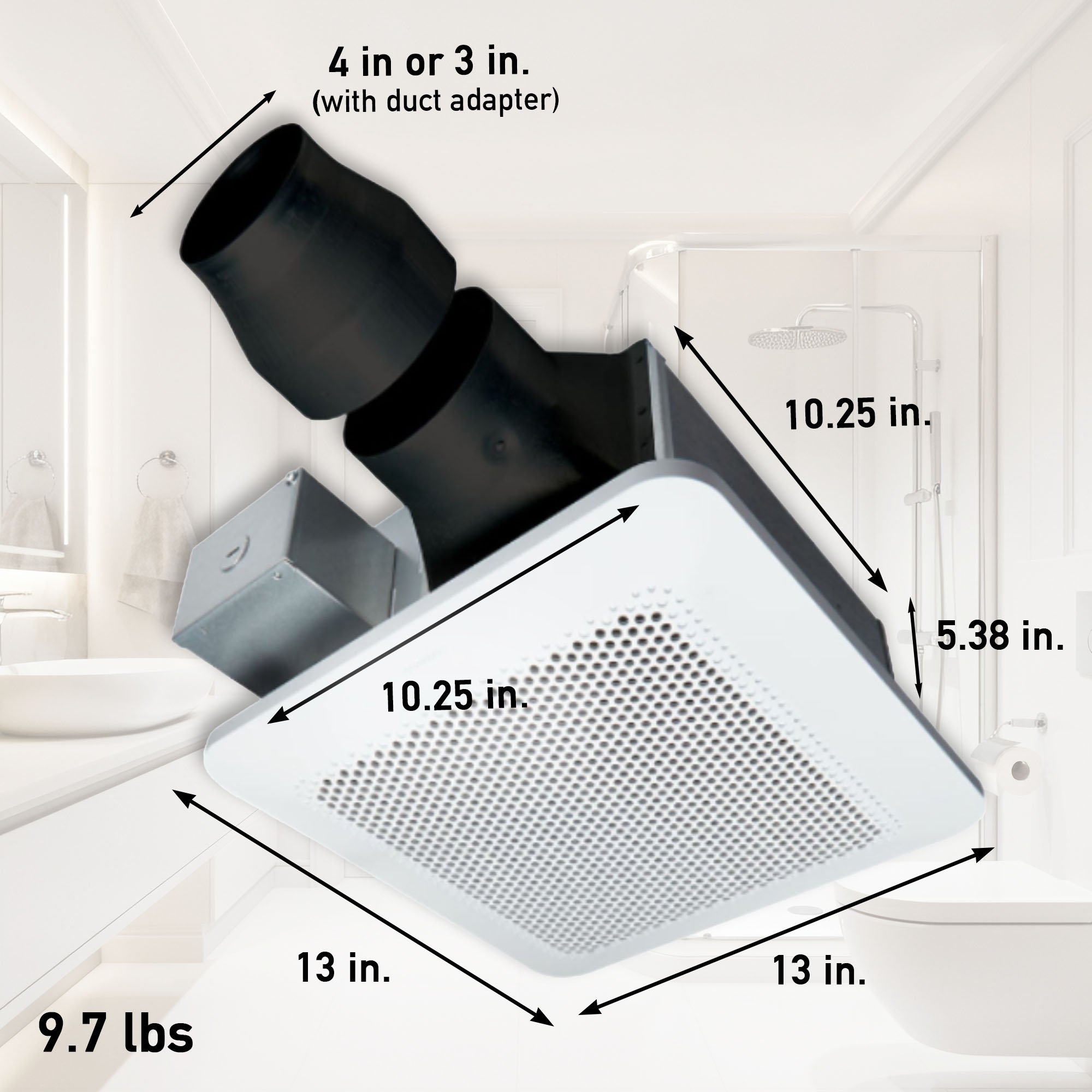 Bathroom exhaust fan with labeled dimensions
