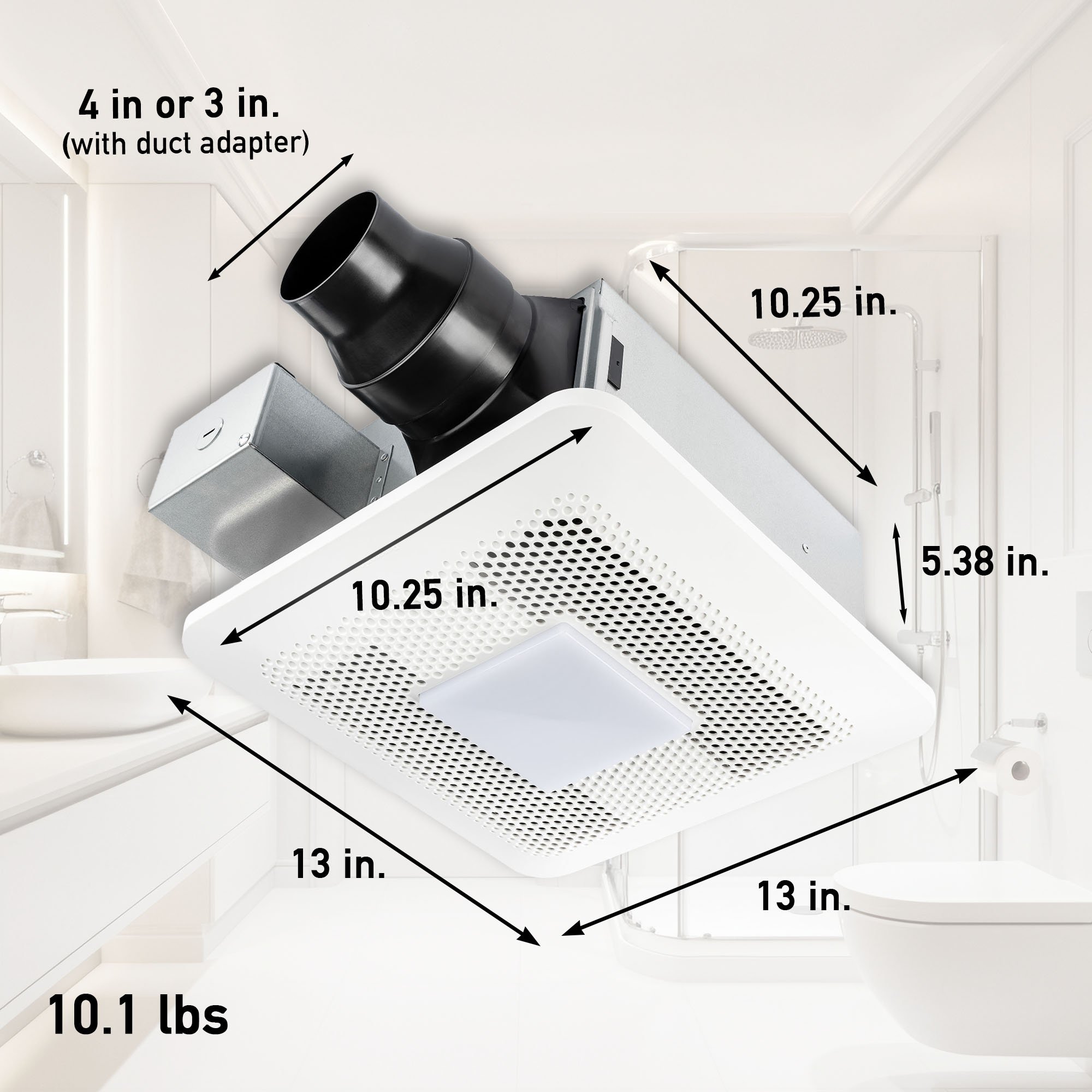 Bathroom exhaust fan with labeled dimensions and weight