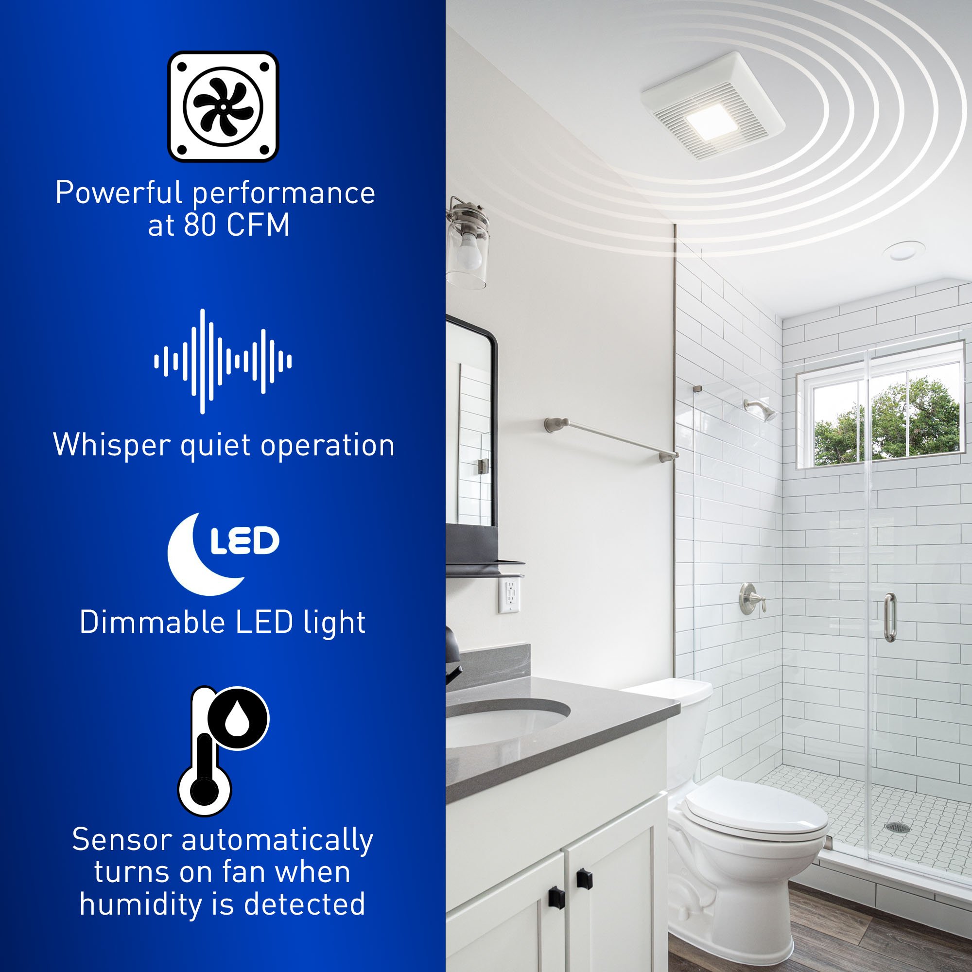 Bathroom exhaust fan installed in a bathroom with feature icons displayed.