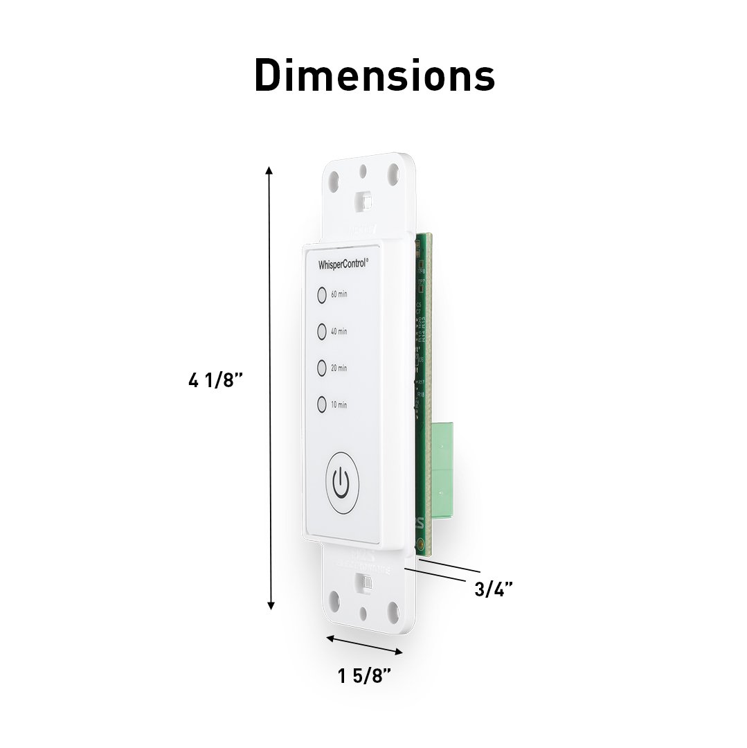WhisperControl wall switch dimensions diagram showing height 4 1/8 inches, width 1 5/8 inches, and depth 3/4 inch