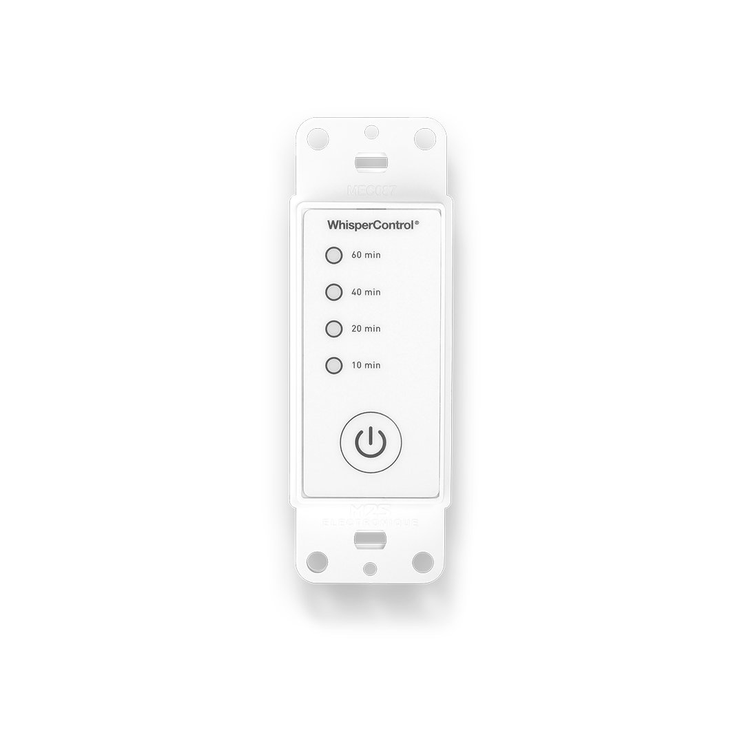 Front view of WhisperControl wall switch with 10, 20, 40, and 60-minute timer buttons and power icon.