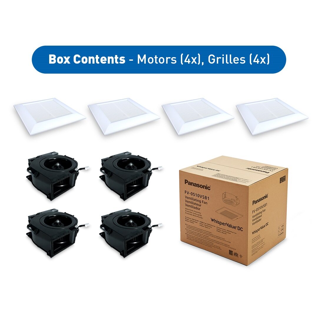 Panasonic WhisperValue® DC fan box (model FV-0510VSB1) with four motors and four ventilation grilles labeled as included box contents.