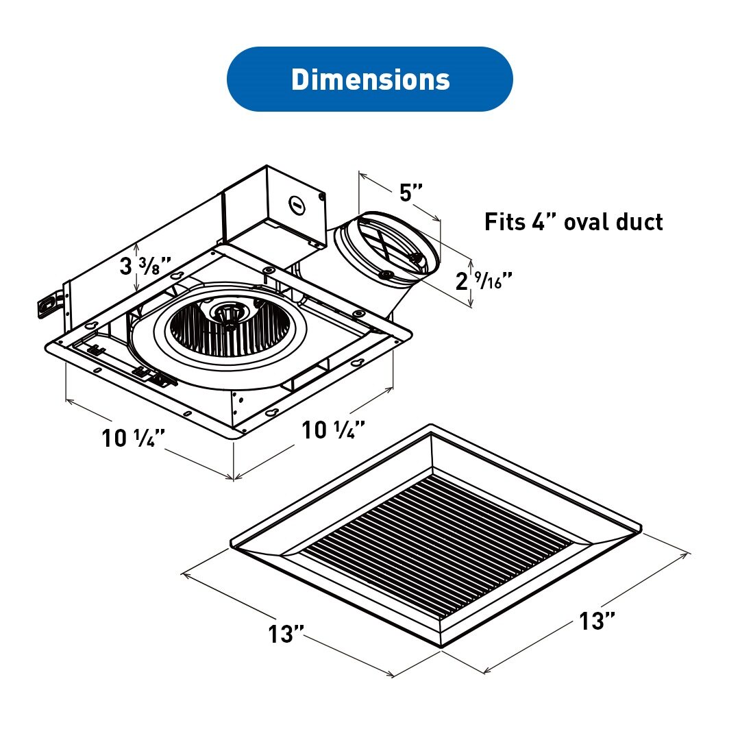 Technical diagram of Panasonic ventilation fan showing product dimensions, grille size, and compatibility with a 4-inch oval duct.