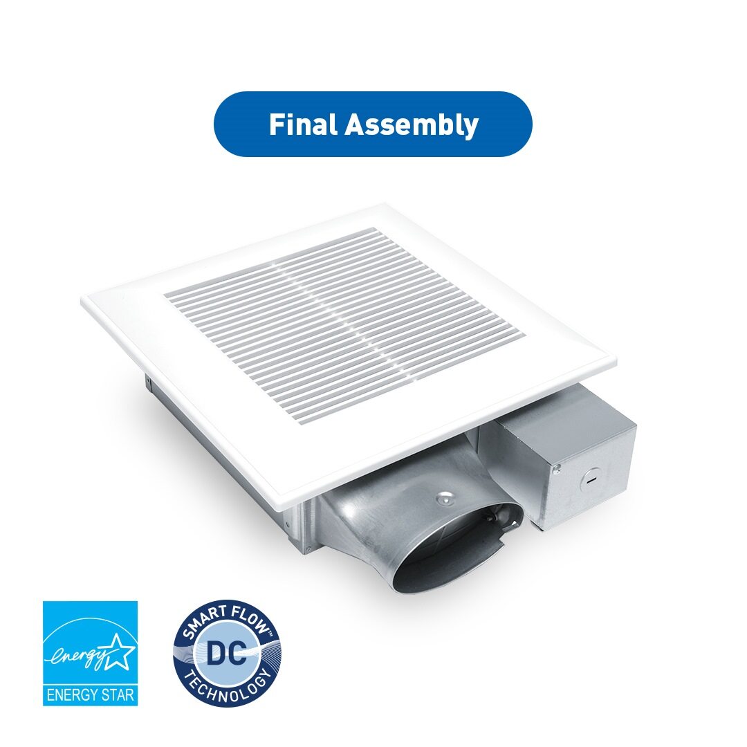 Fully assembled Panasonic ventilation fan with grille and housing, showcasing ENERGY STAR and Smart Flow DC technology logos.