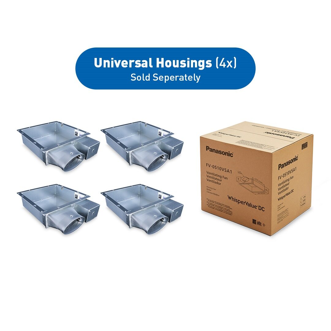 Four Panasonic universal fan housings displayed next to a labeled WhisperValue® DC product box (model FV-0510VSA1).