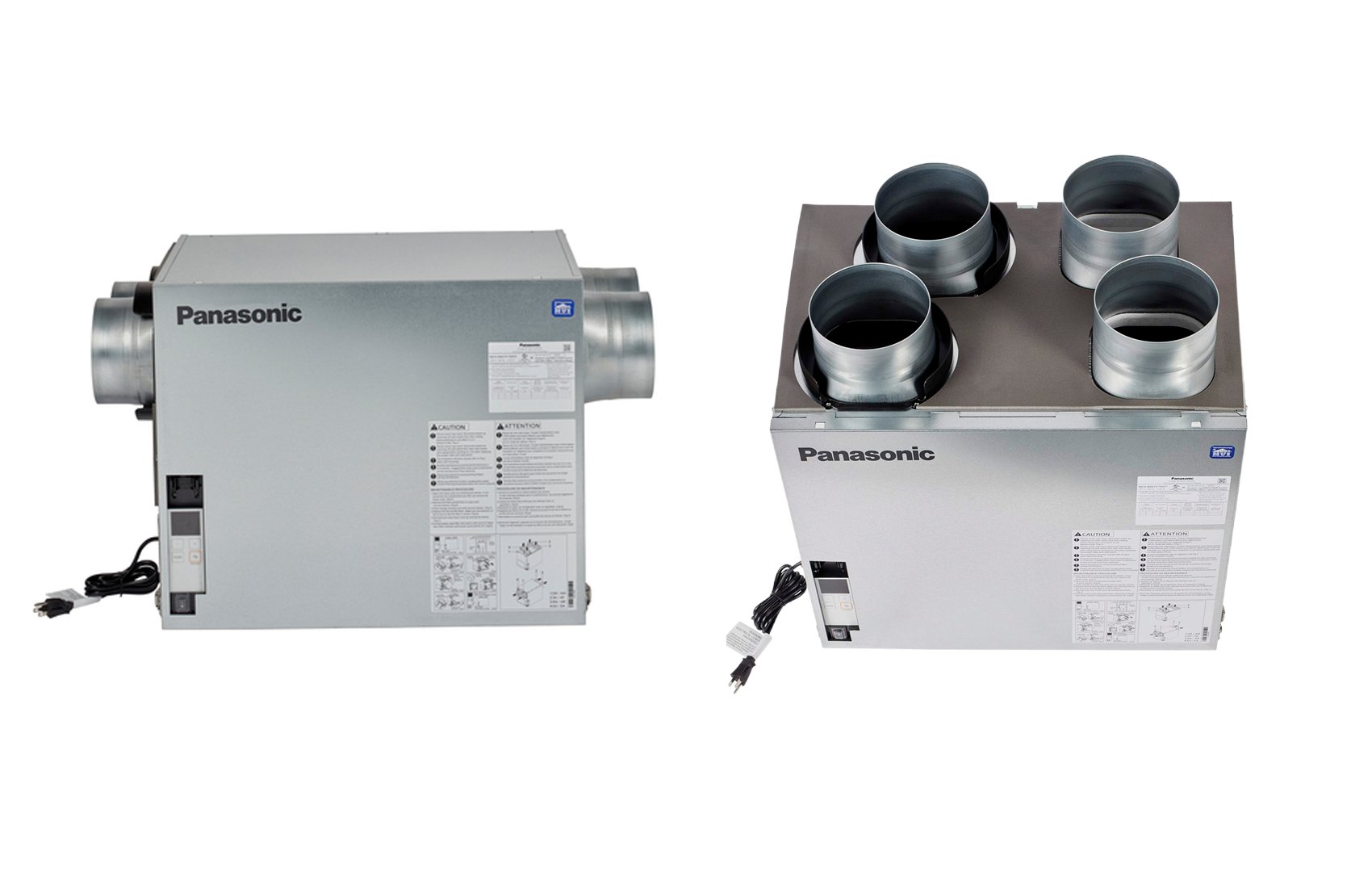 Two Panasonic BalancedHome ERV Elite Plus units side by side, front view on the left and top view on the right showing duct ports and power cords.