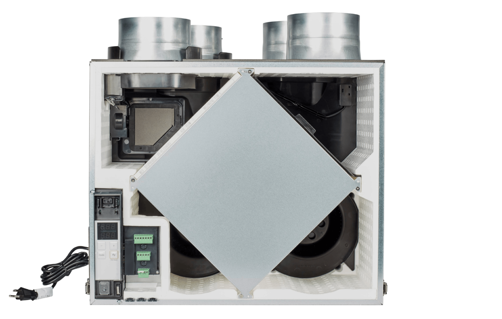 Interior view of a Panasonic BalancedHome ERV unit showing internal components, wiring, and duct connections.