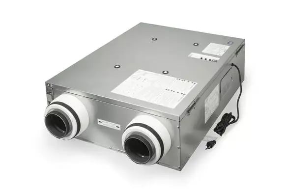 Intelli-Balance 100 ERV FV-10VEC2RH with power cord and dual duct ports for balanced ventilation in residential spaces.
