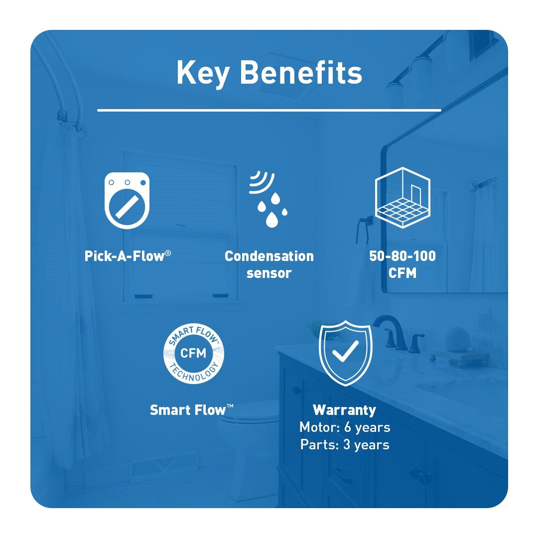 Key benefits of WhisperValue DC fan: Pick-A-Flow®, condensation sensor, 50-80-100 CFM settings, Smart Flow™ technology, 6-year motor and 3-year parts warranty